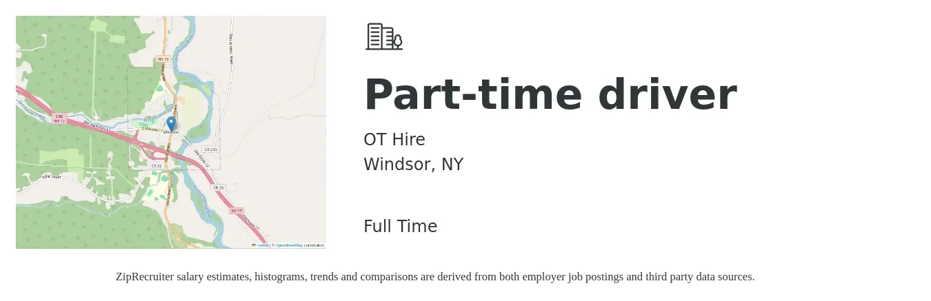 OT Hire job posting for a Part-time driver in Windsor, NY with a salary of $15 to $20 Hourly with a map of Windsor location.