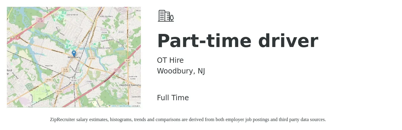 OT Hire job posting for a Part-time driver in Woodbury, NJ with a salary of $15 to $20 Hourly with a map of Woodbury location.