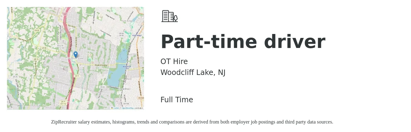 OT Hire job posting for a Part-time driver in Woodcliff Lake, NJ with a salary of $16 to $22 Hourly with a map of Woodcliff Lake location.