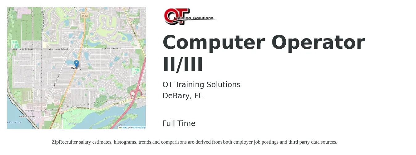 OT Training Solutions job posting for a Computer Operator II/III in DeBary, FL with a salary of $17 to $25 Hourly with a map of DeBary location.