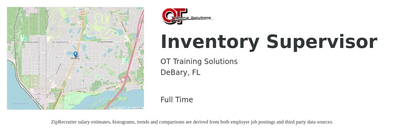 OT Training Solutions job posting for a Inventory Supervisor in DeBary, FL with a salary of $34,600 to $55,300 Yearly with a map of DeBary location.