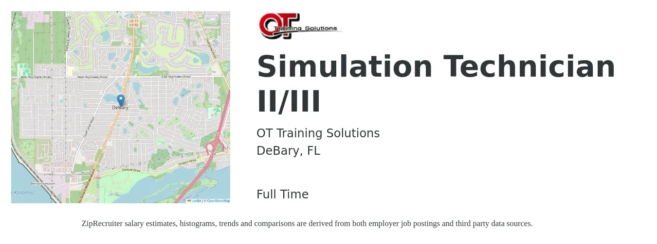 OT Training Solutions job posting for a Simulation Technician II/III in DeBary, FL with a salary of $32,400 to $41,500 Yearly with a map of DeBary location.