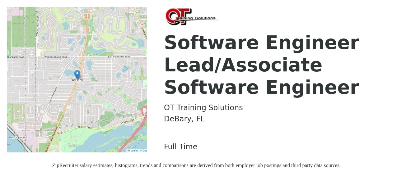 OT Training Solutions job posting for a Software Engineer Lead/Associate Software Engineer in DeBary, FL with a salary of $104,600 to $145,700 Yearly with a map of DeBary location.
