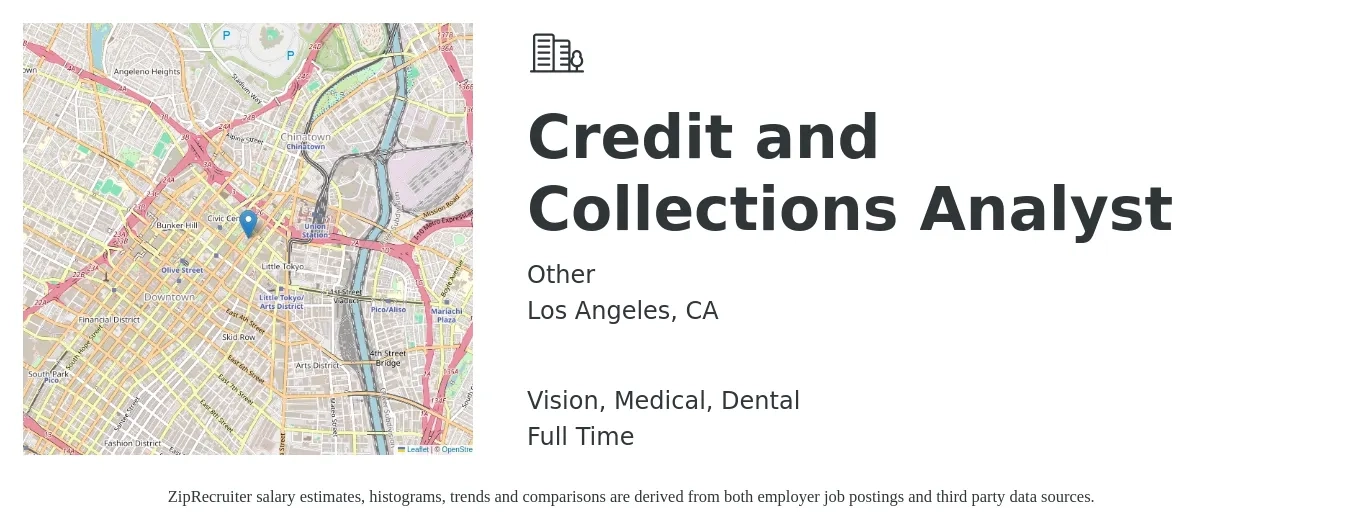 Other job posting for a Credit and Collections Analyst in Los Angeles, CA with a salary of $25 to $34 Hourly and benefits including life_insurance, medical, pto, retirement, vision, and dental with a map of Los Angeles location.