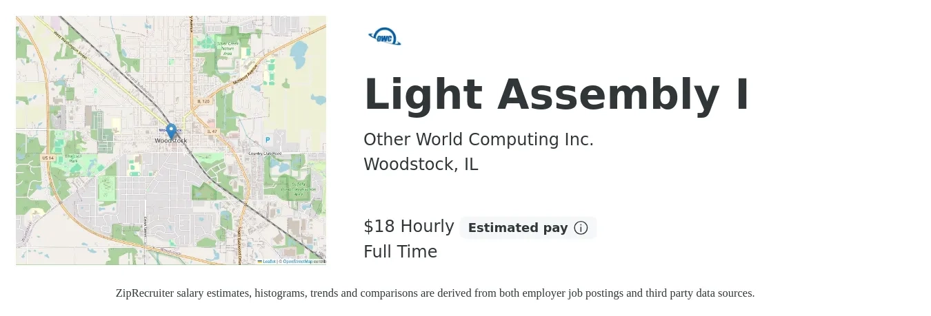 Other World Computing Inc. job posting for a Light Assembly I in Woodstock, IL with a salary of $19 Hourly with a map of Woodstock location.