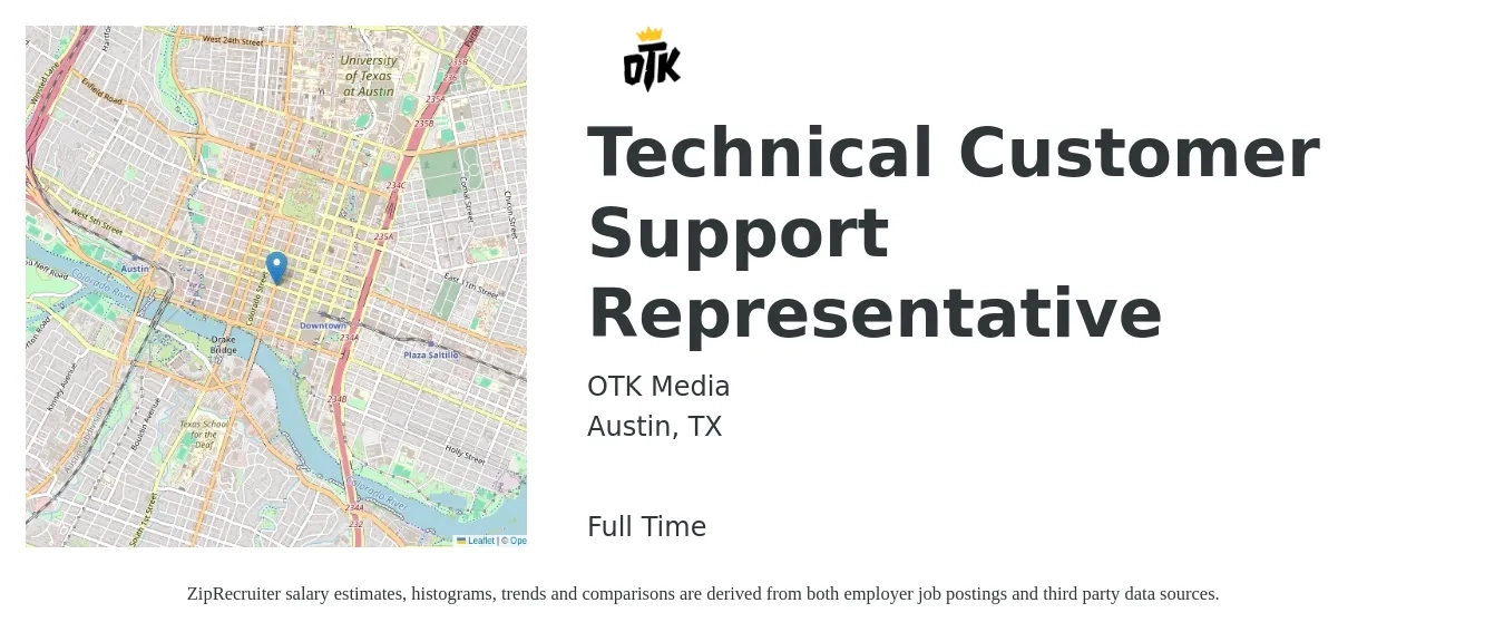 OTK Media job posting for a Technical Customer Support Representative in Austin, TX with a salary of $14 to $23 Hourly with a map of Austin location.