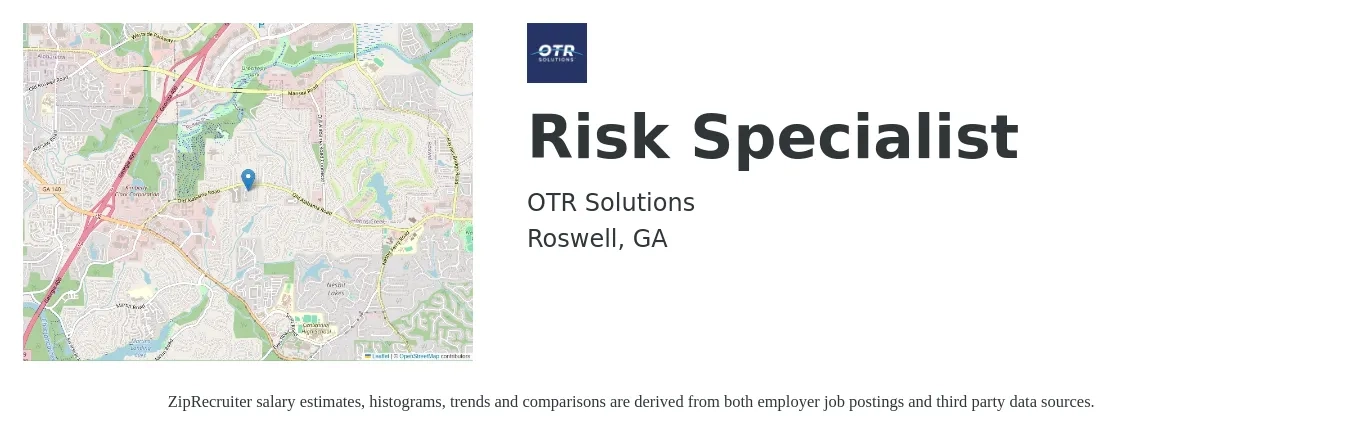 OTR Solutions job posting for a Risk Specialist in Roswell, GA with a salary of $90,600 Yearly with a map of Roswell location.