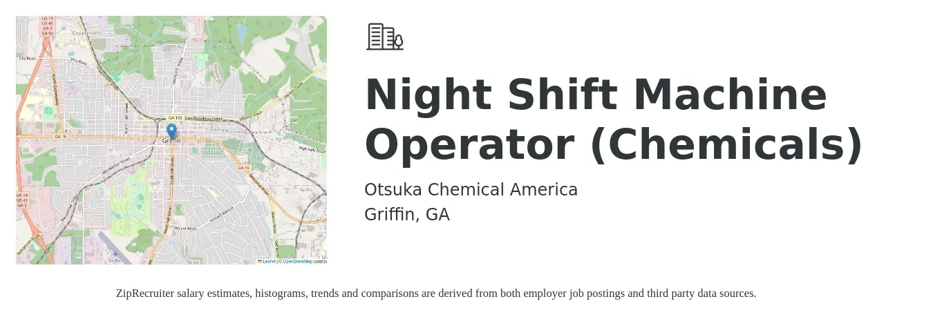Otsuka Chemical America job posting for a Night Shift Machine Operator (Chemicals) in Griffin, GA with a salary of $20 Hourly with a map of Griffin location.