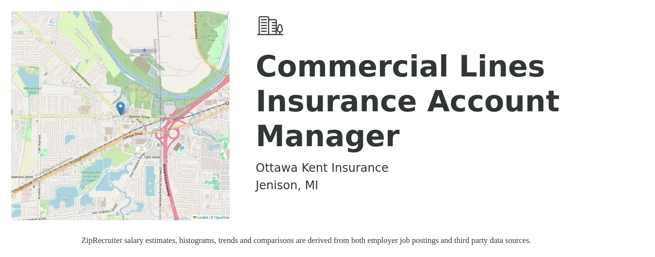 Ottawa Kent Insurance job posting for a Commercial Lines Insurance Account Manager in Jenison, MI with a salary of $50,200 to $72,800 Yearly with a map of Jenison location.