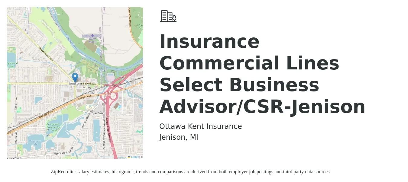 Ottawa Kent Insurance job posting for a Insurance Commercial Lines Select Business Advisor/CSR-Jenison in Jenison, MI with a salary of $40,200 to $54,700 Yearly with a map of Jenison location.