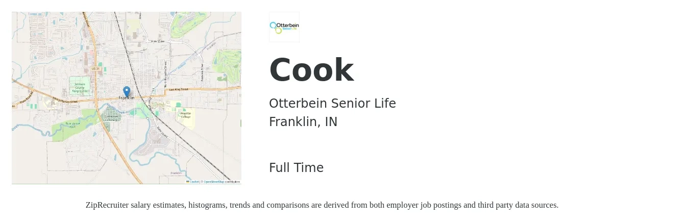 Otterbein SeniorLife job posting for a Cook in Franklin, IN with a salary of $13 to $18 Hourly with a map of Franklin location.
