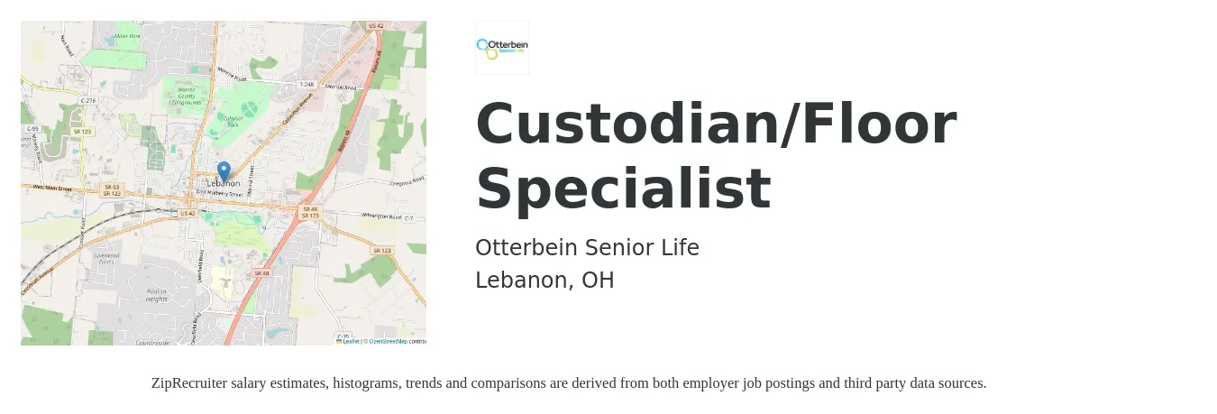 Otterbein SeniorLife job posting for a Custodian/Floor Specialist in Lebanon, OH with a salary of $13 to $17 Hourly with a map of Lebanon location.