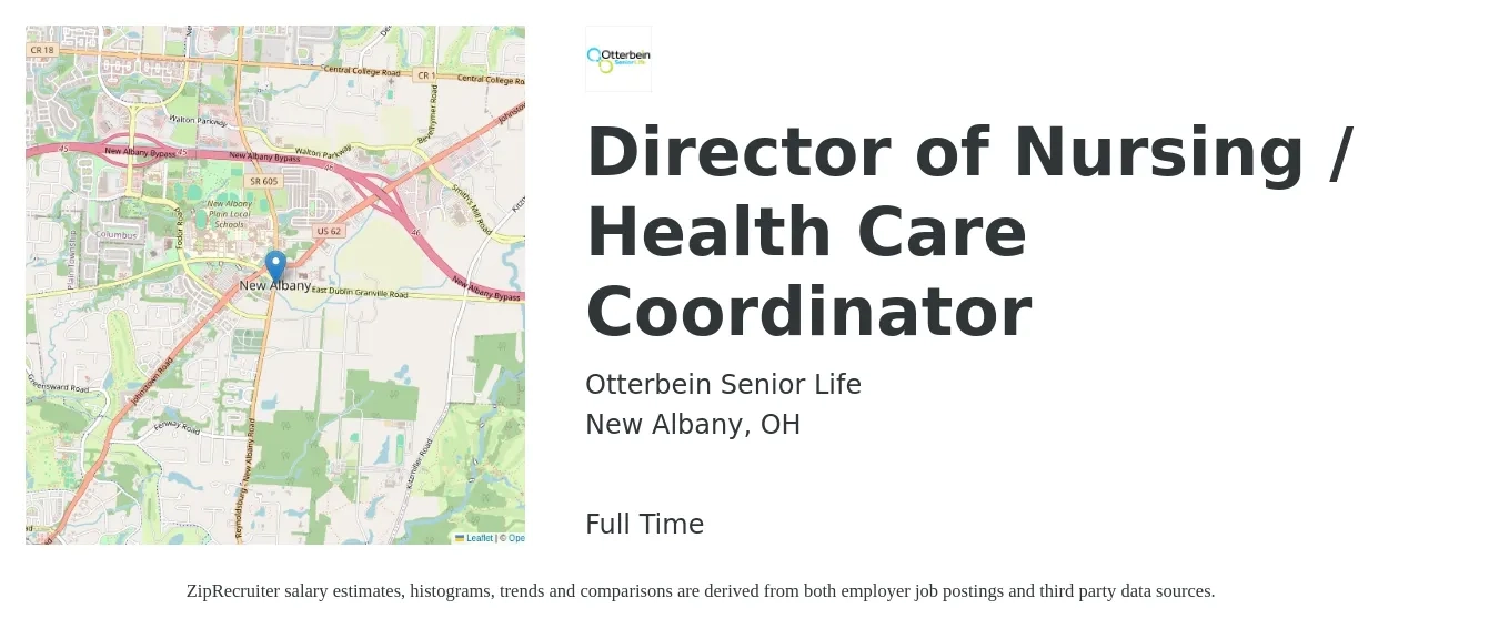 Otterbein SeniorLife job posting for a Director of Nursing / Health Care Coordinator in New Albany, OH with a salary of $18 to $28 Hourly with a map of New Albany location.