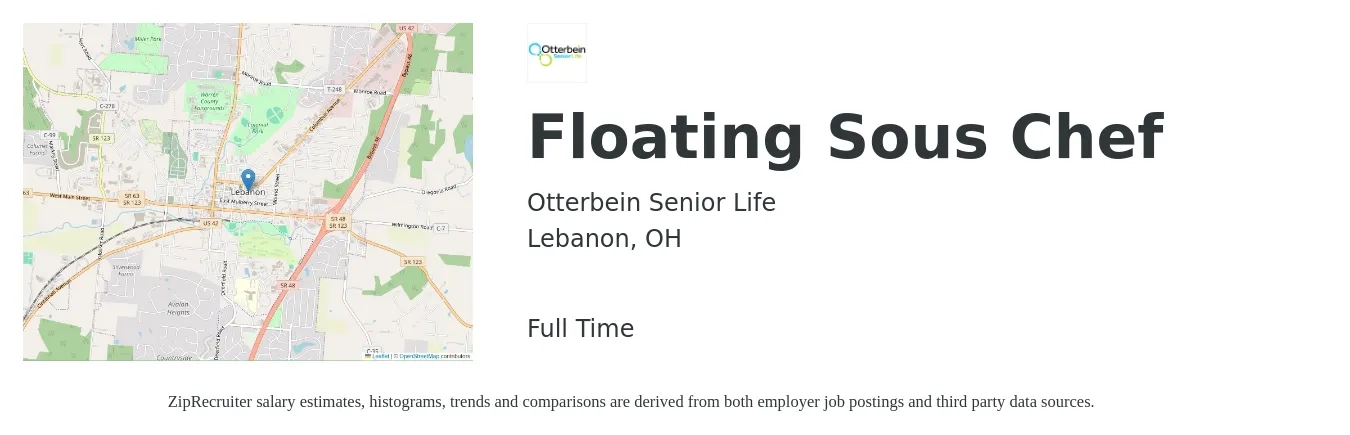 Otterbein SeniorLife job posting for a Floating Sous Chef in Lebanon, OH with a salary of $45,700 to $61,600 Yearly with a map of Lebanon location.