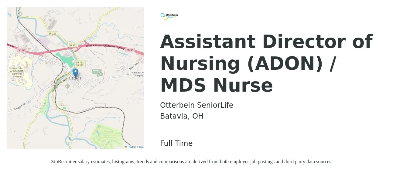 Otterbein SeniorLife job posting for a Assistant Director of Nursing (ADON) / MDS Nurse in Batavia, OH with a salary of $69,700 to $92,700 Yearly with a map of Batavia location.