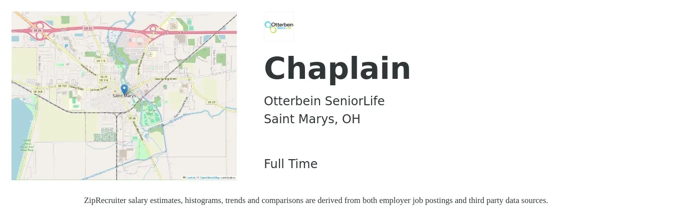Otterbein SeniorLife job posting for a Chaplain in Saint Marys, OH with a salary of $46,100 to $76,100 Yearly with a map of Saint Marys location.
