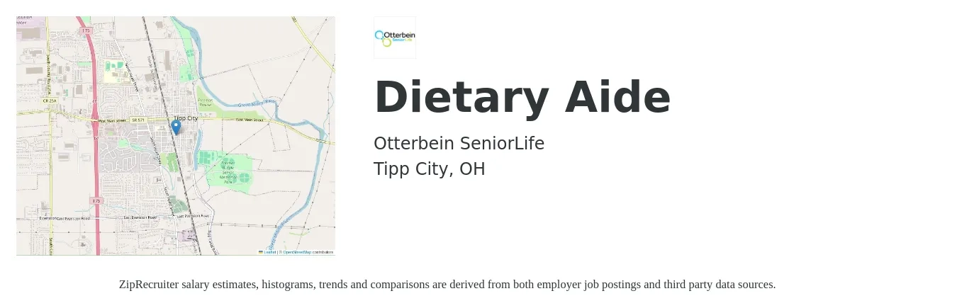 Otterbein SeniorLife job posting for a Dietary Aide in Tipp City, OH with a salary of $13 to $16 Hourly with a map of Tipp City location.