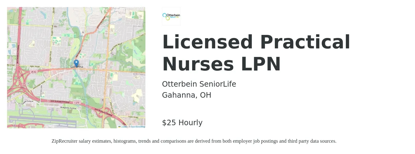 Otterbein SeniorLife job posting for a Licensed Practical Nurses LPN in Gahanna, OH with a salary of $26 Hourly with a map of Gahanna location.