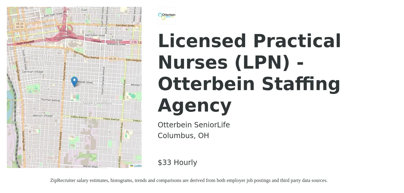 Otterbein SeniorLife job posting for a Licensed Practical Nurses (LPN) - Otterbein Staffing Agency in Columbus, OH with a salary of $35 Hourly with a map of Columbus location.