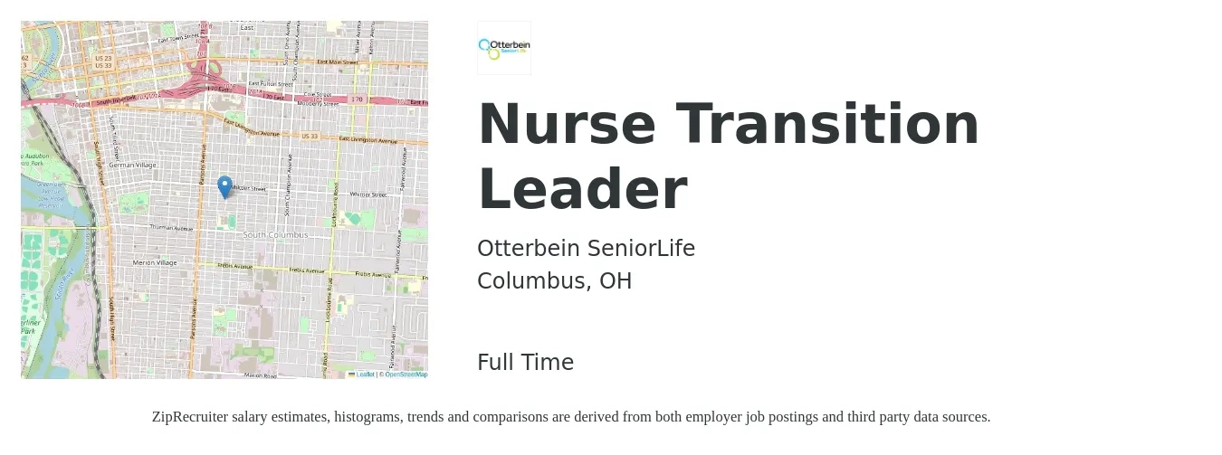 Otterbein SeniorLife job posting for a Nurse Transition Leader in Columbus, OH with a salary of $33 to $44 Hourly with a map of Columbus location.