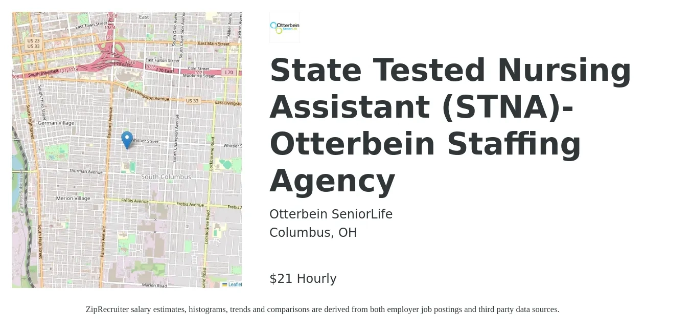 Otterbein SeniorLife job posting for a State Tested Nursing Assistant (STNA)-Otterbein Staffing Agency in Columbus, OH with a salary of $22 Hourly with a map of Columbus location.