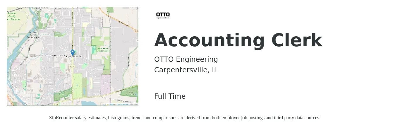 OTTO Engineering job posting for a Accounting Clerk in Carpentersville, IL with a salary of $18 to $23 Hourly with a map of Carpentersville location.