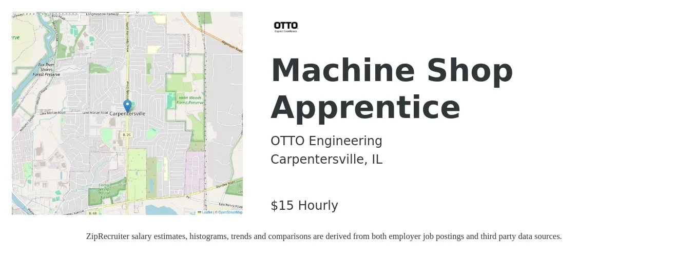OTTO Engineering job posting for a Machine Shop Apprentice in Carpentersville, IL with a salary of $16 Hourly with a map of Carpentersville location.