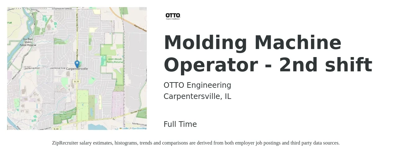 OTTO Engineering job posting for a Molding Machine Operator - 2nd shift in Carpentersville, IL with a salary of $16 to $19 Hourly with a map of Carpentersville location.