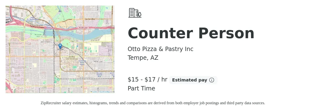 Otto Pizza & Pastry Inc job posting for a Counter Person in Tempe, AZ with a salary of $16 to $18 Hourly with a map of Tempe location.