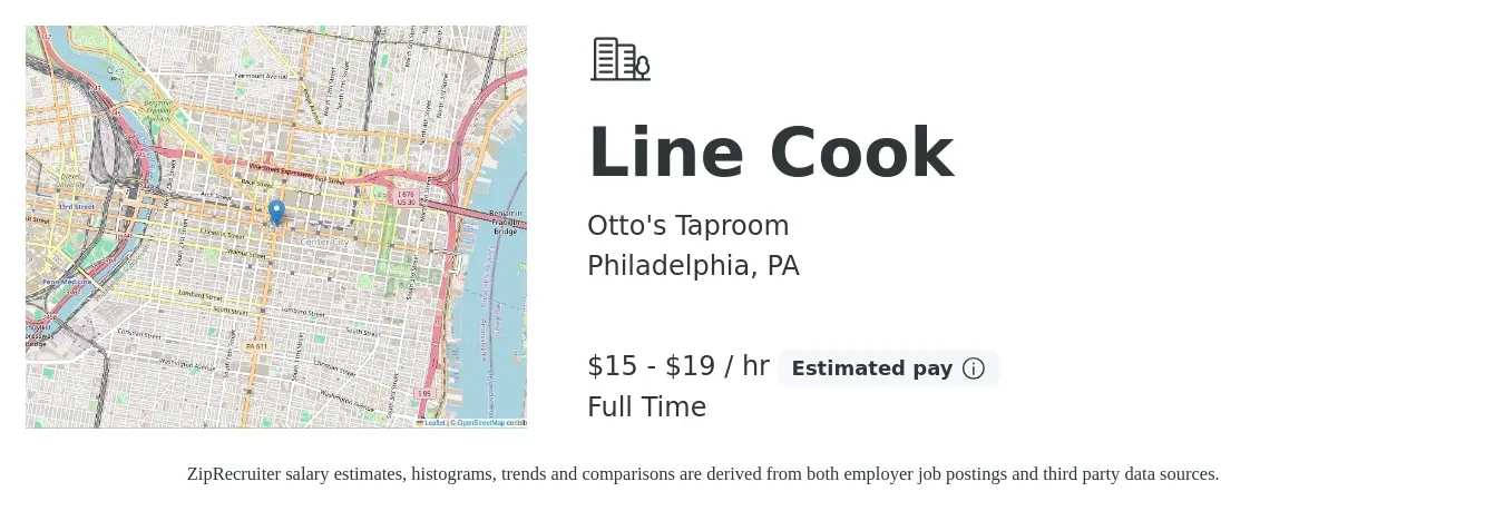 Otto's Taproom job posting for a Line Cook in Philadelphia, PA with a salary of $16 to $20 Hourly with a map of Philadelphia location.