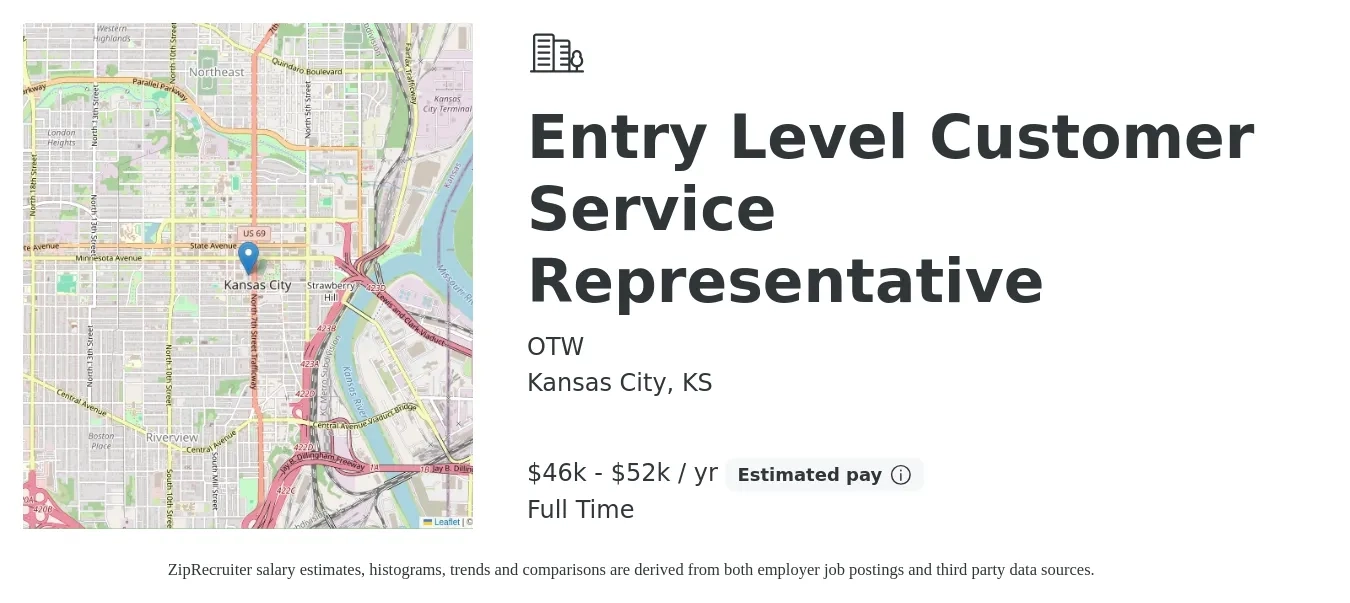 OTW job posting for a Entry Level Customer Service Representative in Kansas City, KS with a salary of $16 to $21 Hourly with a map of Kansas City location.