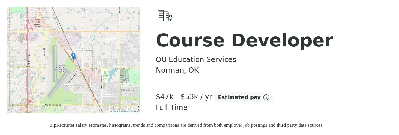 OU Education Services job posting for a Course Developer in Norman, OK with a salary of $47,000 to $53,000 Yearly with a map of Norman location.