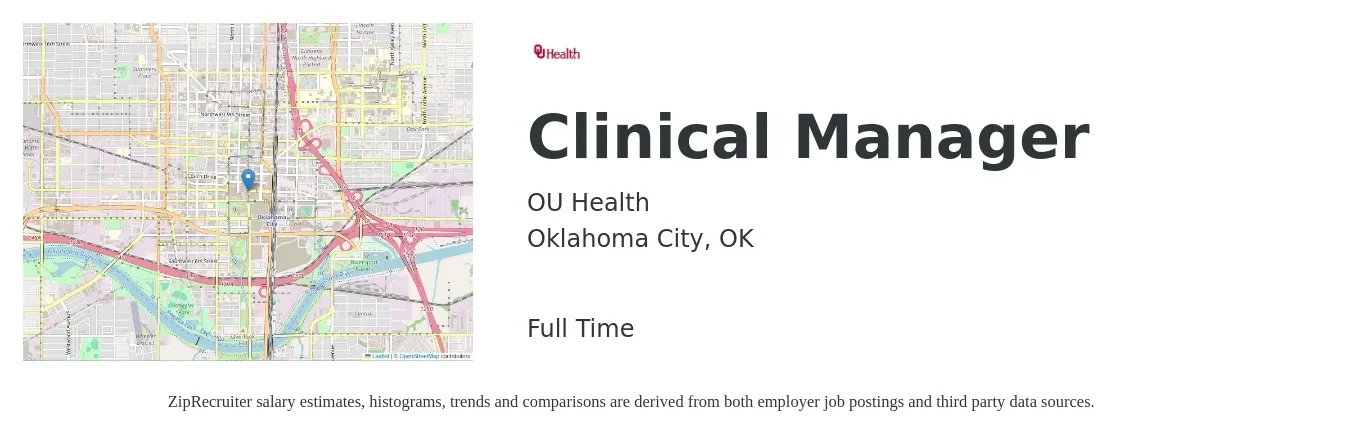 OU Health job posting for a Clinical Manager in Oklahoma City, OK with a salary of $59,500 to $82,200 Yearly with a map of Oklahoma City location.