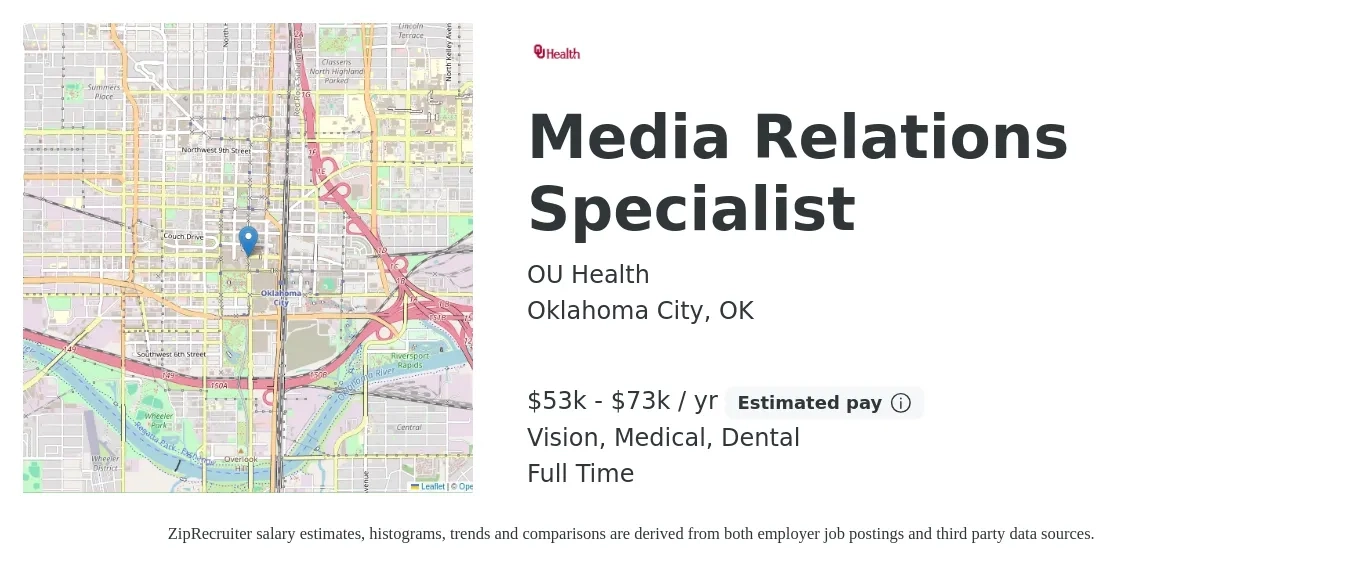 OU Health job posting for a Media Relations Specialist in Oklahoma City, OK with a salary of $43,700 to $66,900 Yearly with a map of Oklahoma City location.