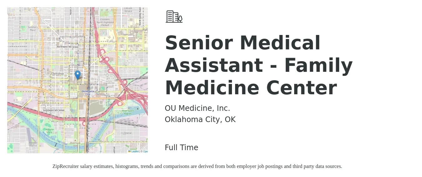 OU Medicine, Inc. job posting for a Senior Medical Assistant - Family Medicine Center in Oklahoma City, OK with a salary of $16 to $20 Hourly with a map of Oklahoma City location.