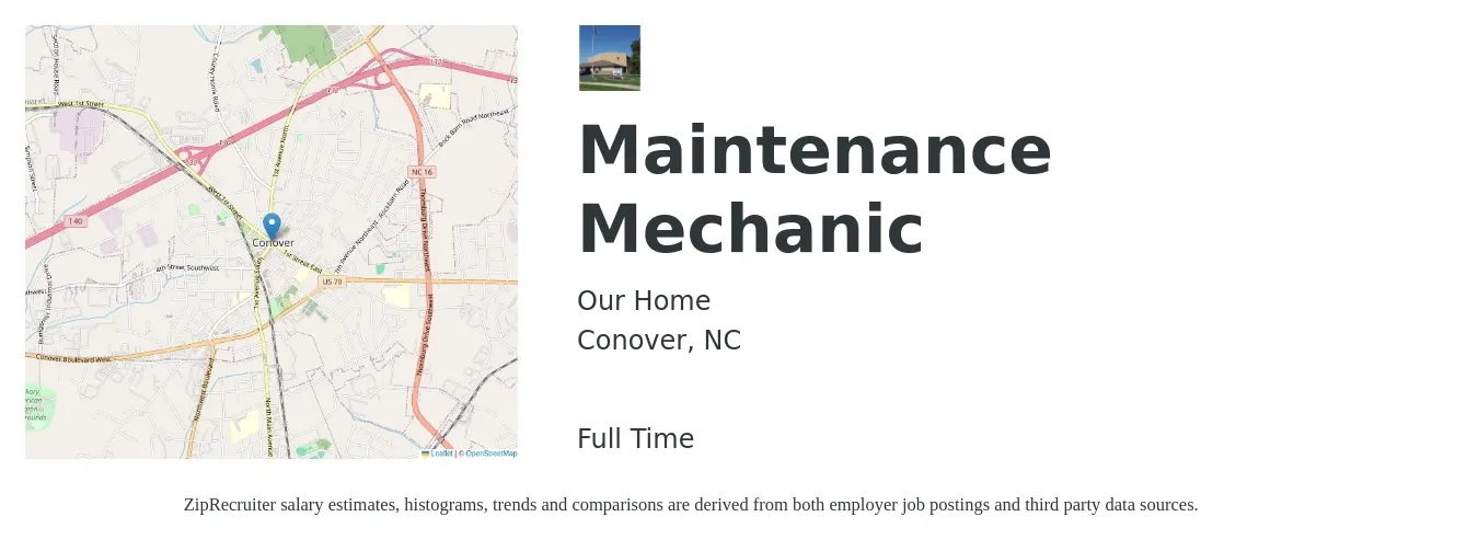 Our Home job posting for a Maintenance Mechanic in Conover, NC with a salary of $23 to $30 Hourly with a map of Conover location.