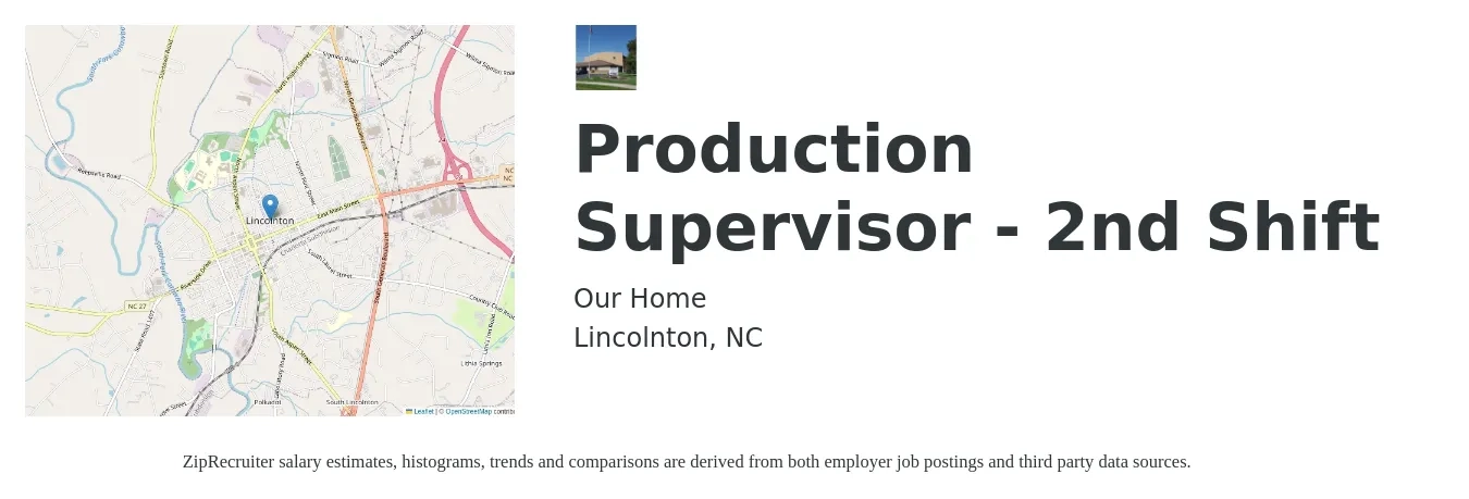 Our Home job posting for a Production Supervisor - 2nd Shift in Lincolnton, NC with a salary of $49,000 to $66,400 Yearly with a map of Lincolnton location.