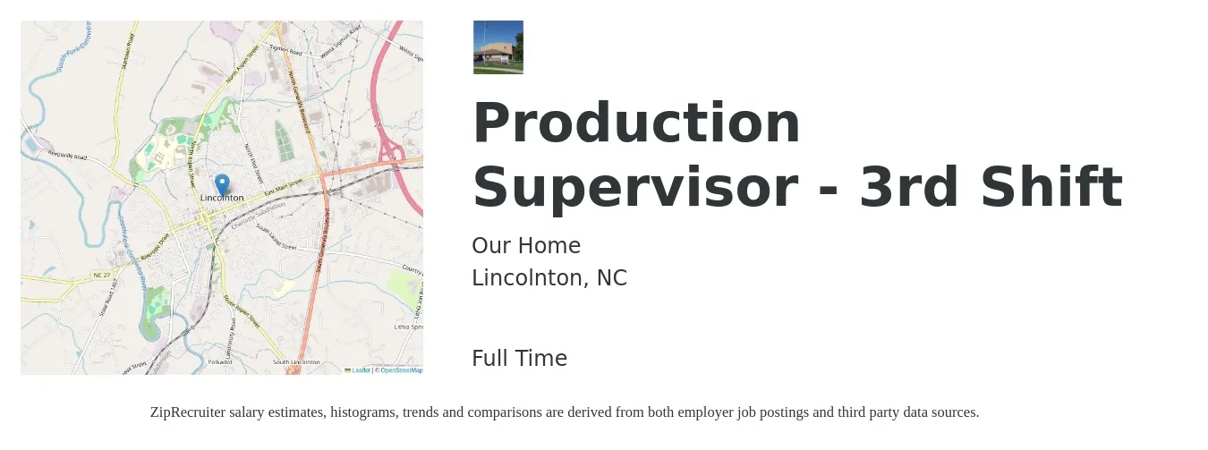 Our Home job posting for a Production Supervisor - 3rd Shift in Lincolnton, NC with a salary of $51,300 to $73,700 Yearly with a map of Lincolnton location.