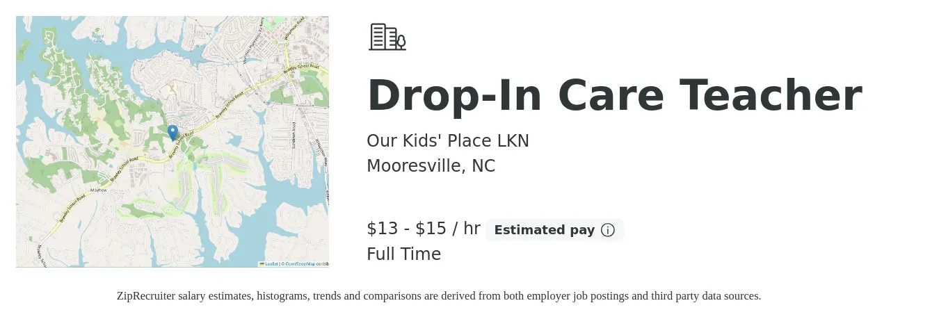 Our Kids' Place LKN job posting for a Drop-In Care Teacher in Mooresville, NC with a salary of $14 to $16 Hourly with a map of Mooresville location.