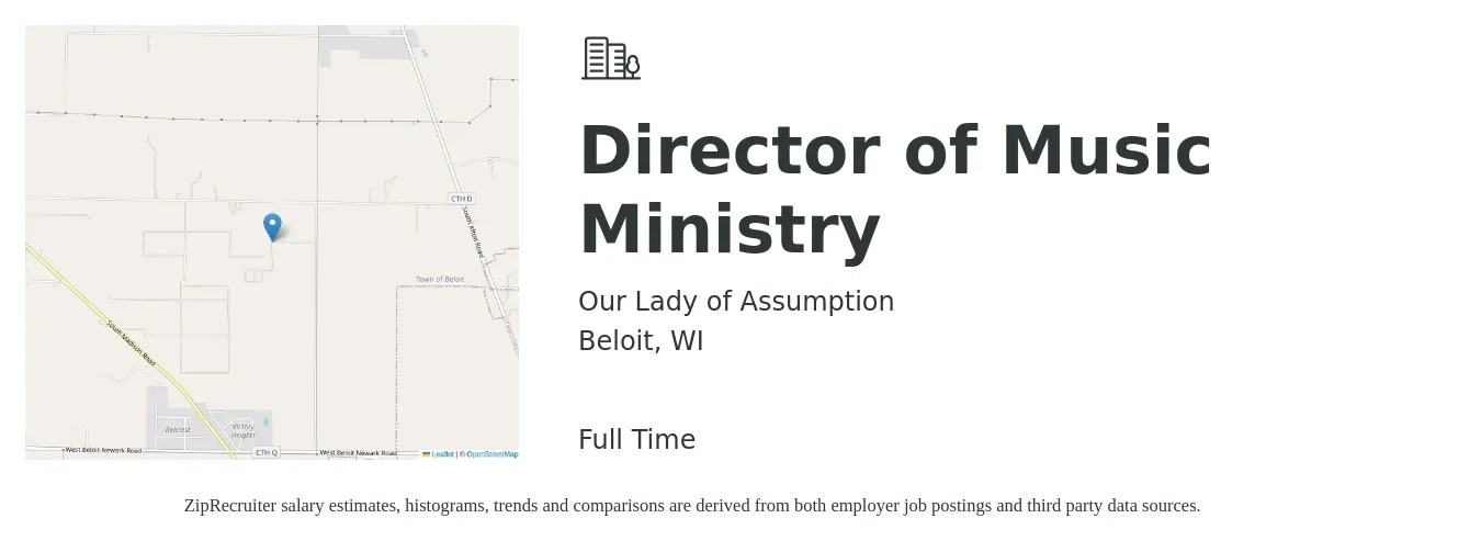 Our Lady of Assumption job posting for a Director of Music Ministry in Beloit, WI with a salary of $40,300 to $55,000 Yearly with a map of Beloit location.
