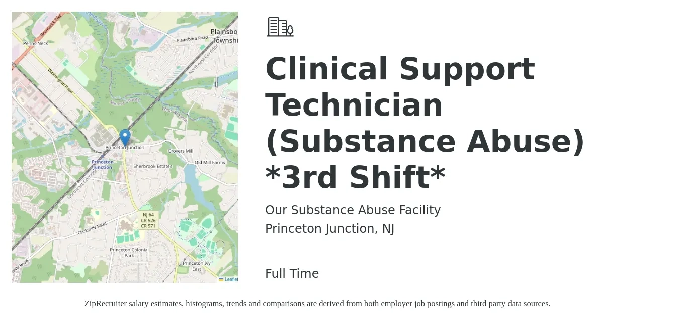 Our Substance Abuse Facility job posting for a Clinical Support Technician (Substance Abuse) *3rd Shift* in Princeton Junction, NJ with a salary of $20 to $26 Hourly with a map of Princeton Junction location.