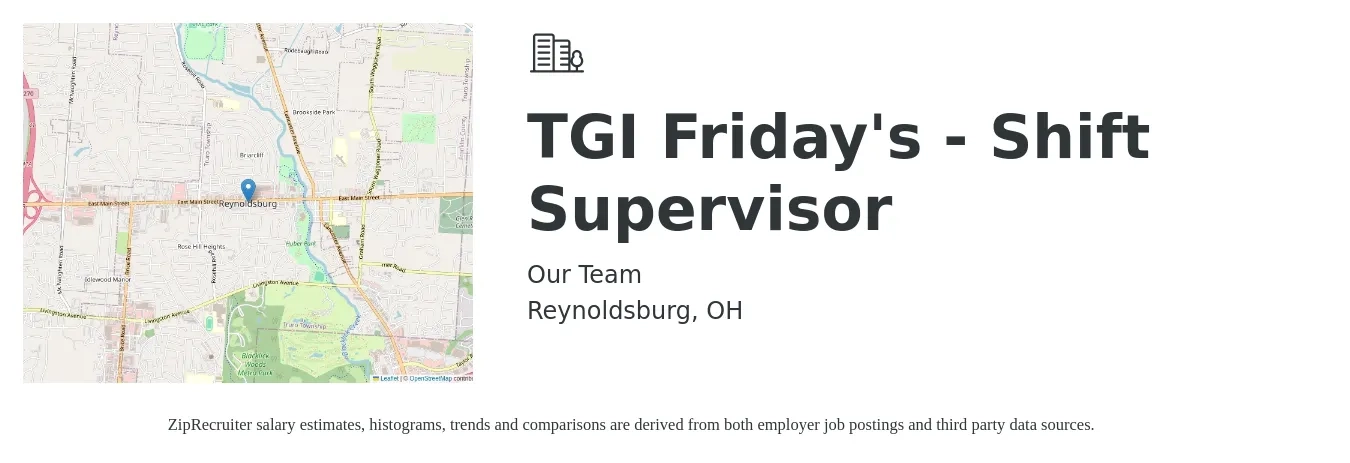 Our Team job posting for a TGI Friday's - Shift Supervisor in Reynoldsburg, OH with a salary of $14 to $18 Hourly with a map of Reynoldsburg location.