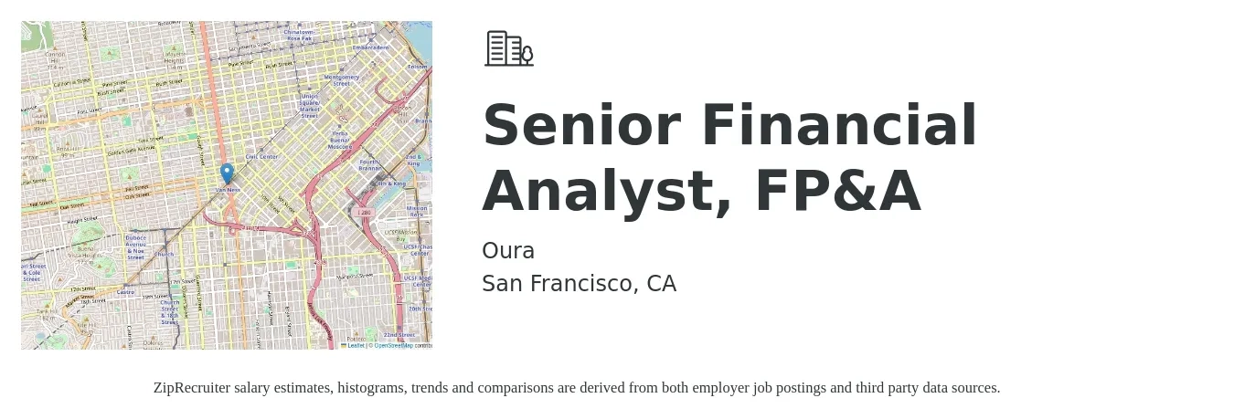 Oura job posting for a Senior Financial Analyst, FP&A in San Francisco, CA with a salary of $100,700 to $125,500 Yearly with a map of San Francisco location.