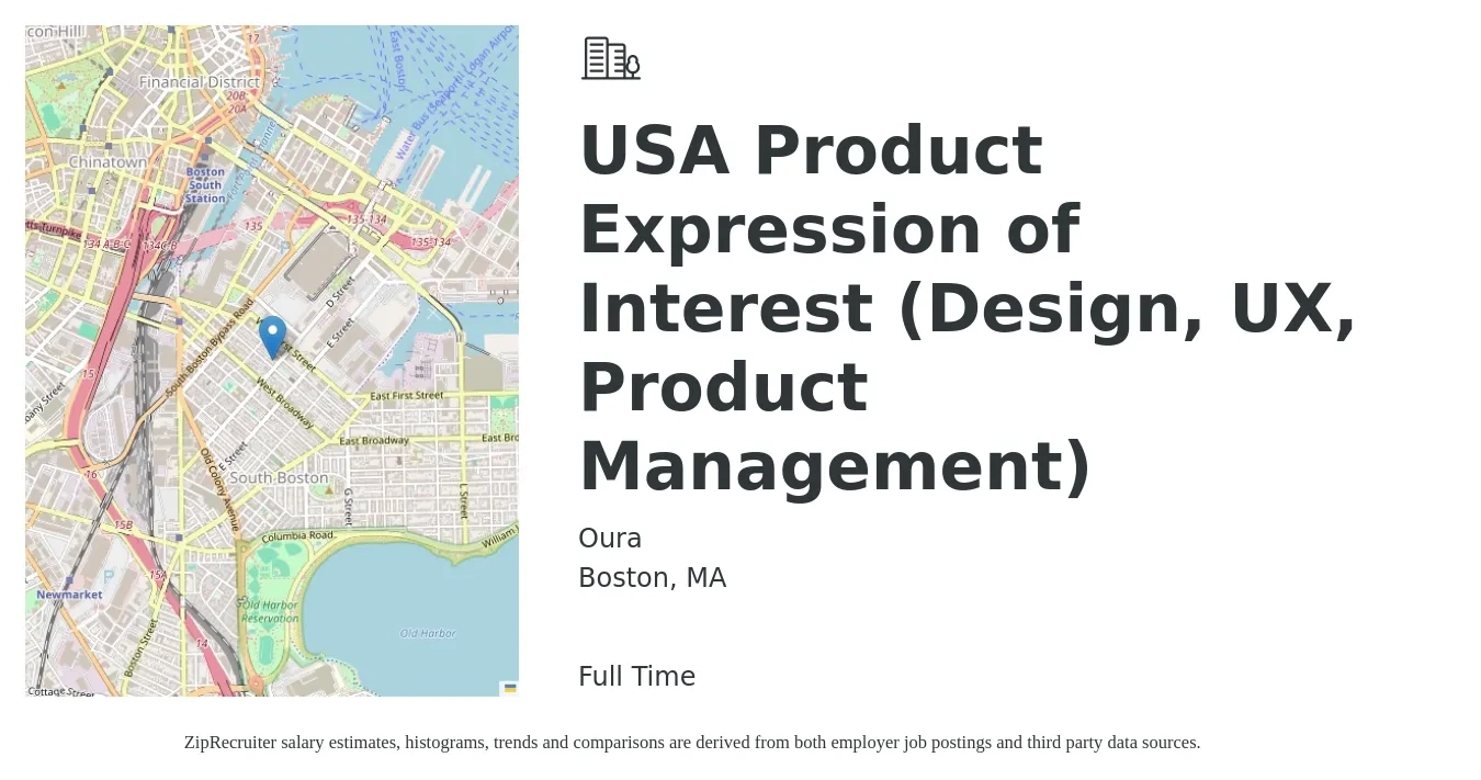 Oura job posting for a USA Product Expression of Interest (Design, UX, Product Management) in Boston, MA with a salary of $205,300 Yearly with a map of Boston location.
