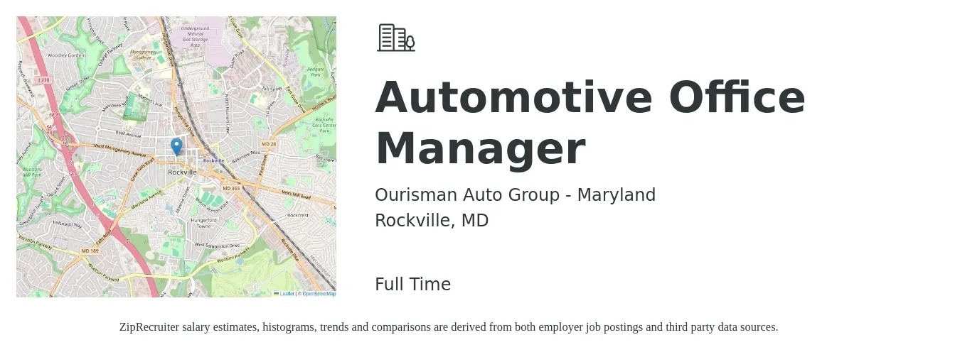 Ourisman Auto Group - Maryland job posting for a Automotive Office Manager in Rockville, MD with a salary of $51,000 to $79,500 Yearly with a map of Rockville location.