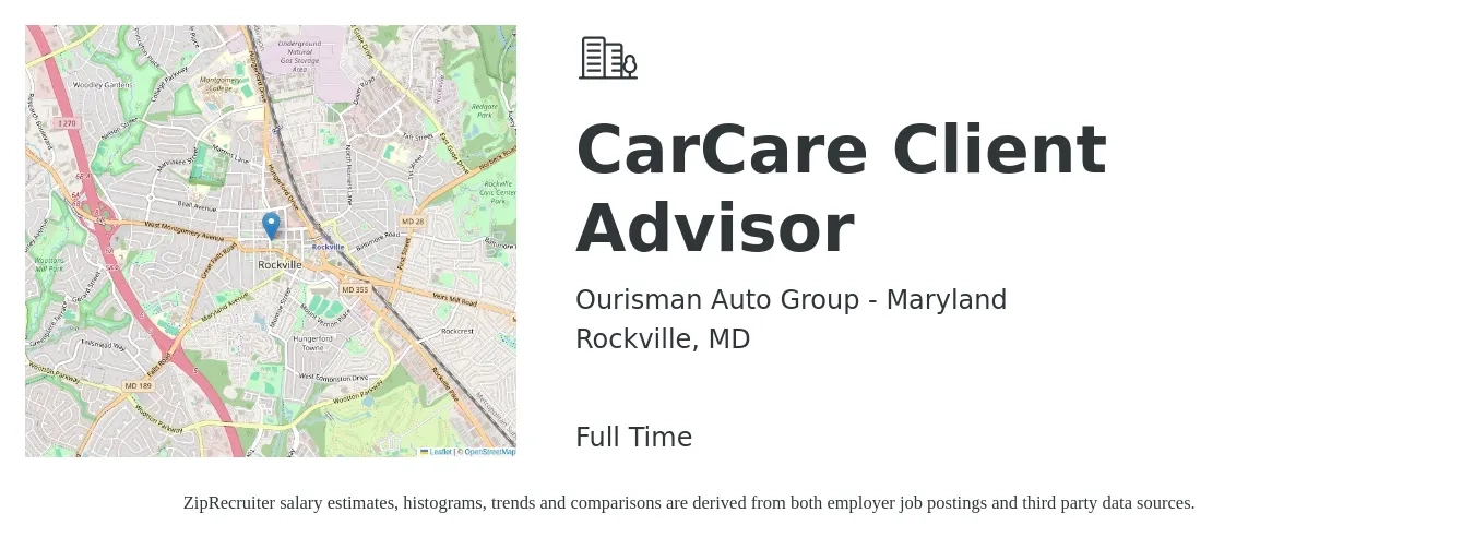 Ourisman Auto Group - Maryland job posting for a CarCare Client Advisor in Rockville, MD with a map of Rockville location.
