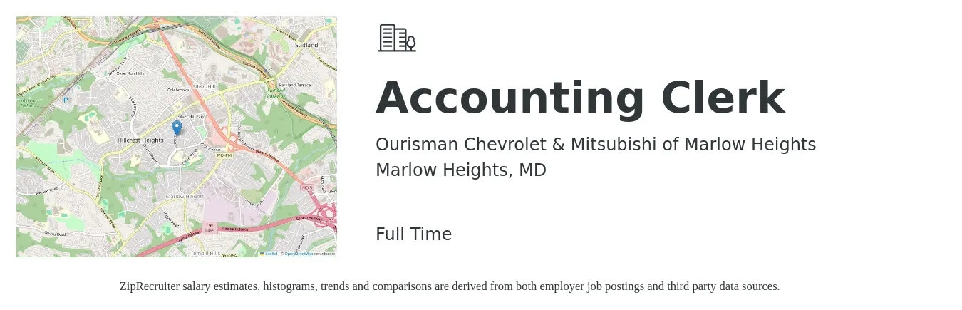 Ourisman Chevrolet & Mitsubishi of Marlow Heights job posting for a Accounting Clerk in Marlow Heights, MD with a salary of $20 to $26 Hourly with a map of Marlow Heights location.