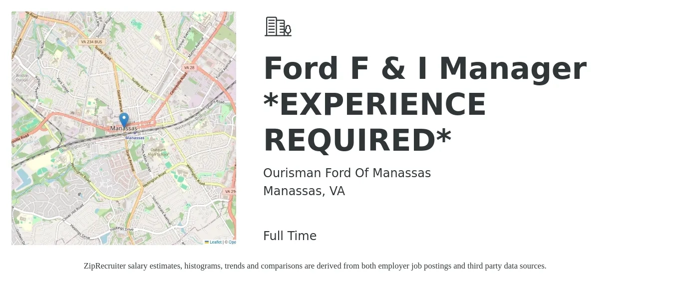 Ourisman Ford Of Manassas job posting for a Ford F & I Manager *EXPERIENCE REQUIRED* in Manassas, VA with a salary of $70,000 to $153,500 Yearly with a map of Manassas location.