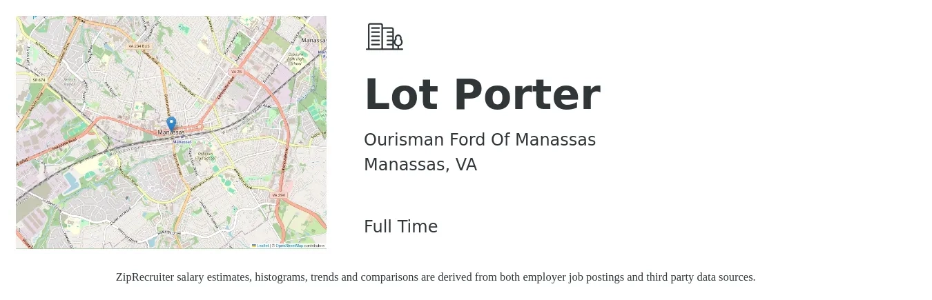 Ourisman Ford Of Manassas job posting for a Lot Porter in Manassas, VA with a salary of $15 to $17 Hourly with a map of Manassas location.