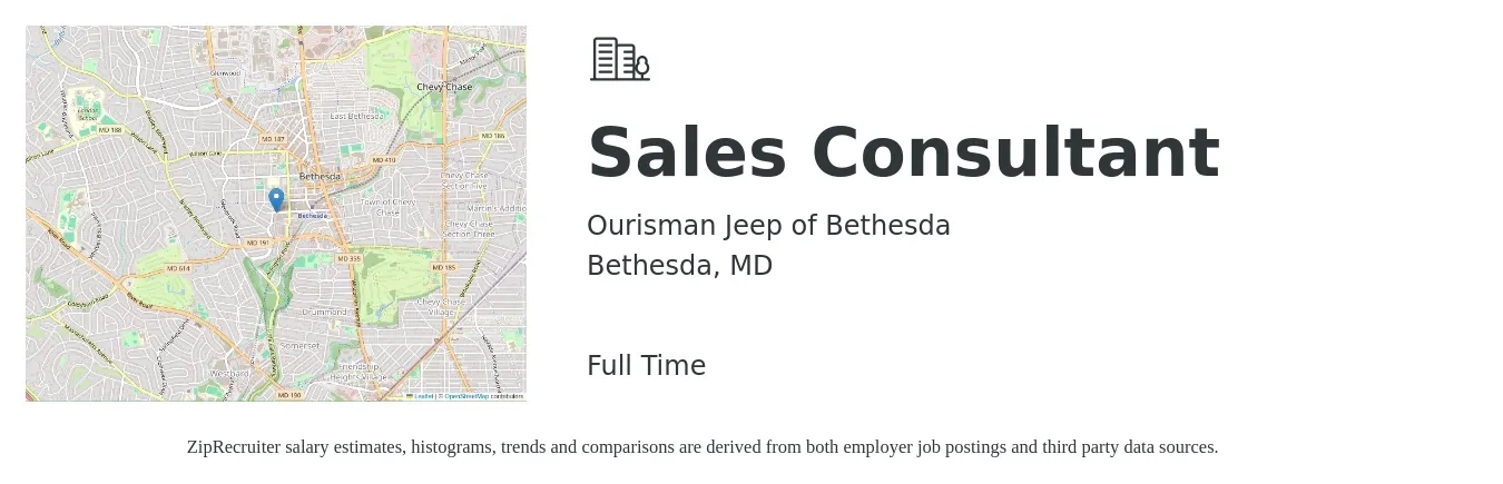 Ourisman Jeep of Bethesda job posting for a Sales Consultant in Bethesda, MD with a salary of $43,300 to $85,100 Yearly with a map of Bethesda location.